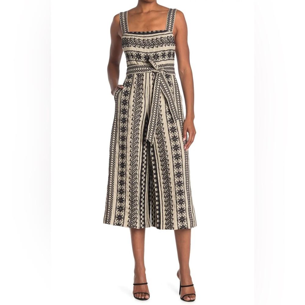 Alice + Olivia Lucie Gaucho Embroidered Jumpsuit With Belt In Natural 6/Black